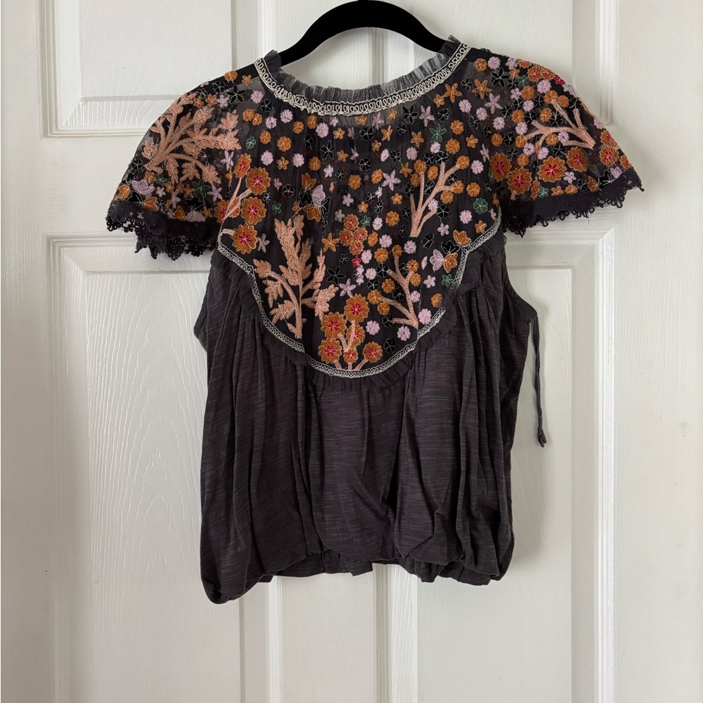 Embroidered Floral Black Top - Picture 2 of 3